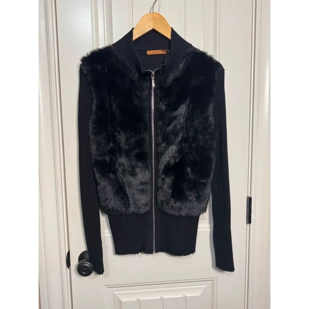 Belldini Black Label Faux Fur Zip Front Knit Cardigan Jacket Medium M